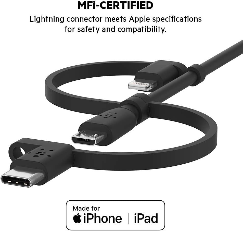 Belkin Universal Cable (3-in-1 USB-C, Lightning, Micro-USB Charging Cable) Charge Smartphones, Tablets, Power Banks and more (3.3ft/1m