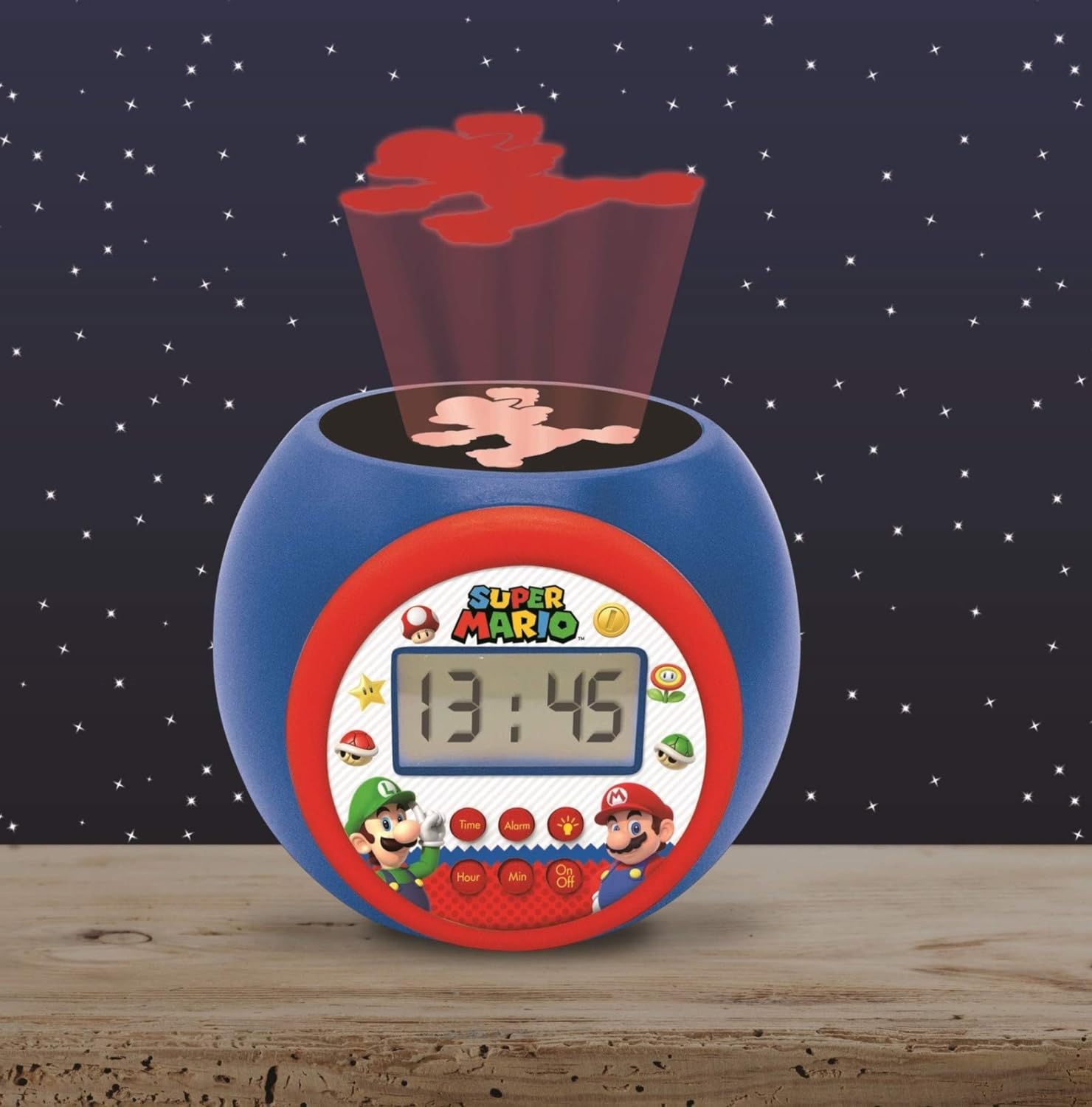 Lexibook Nintendo Super Mario Projector Clock with Snooze Alarm Function,Night Light with Timer, LCD Screen, Battery Operated, Blue