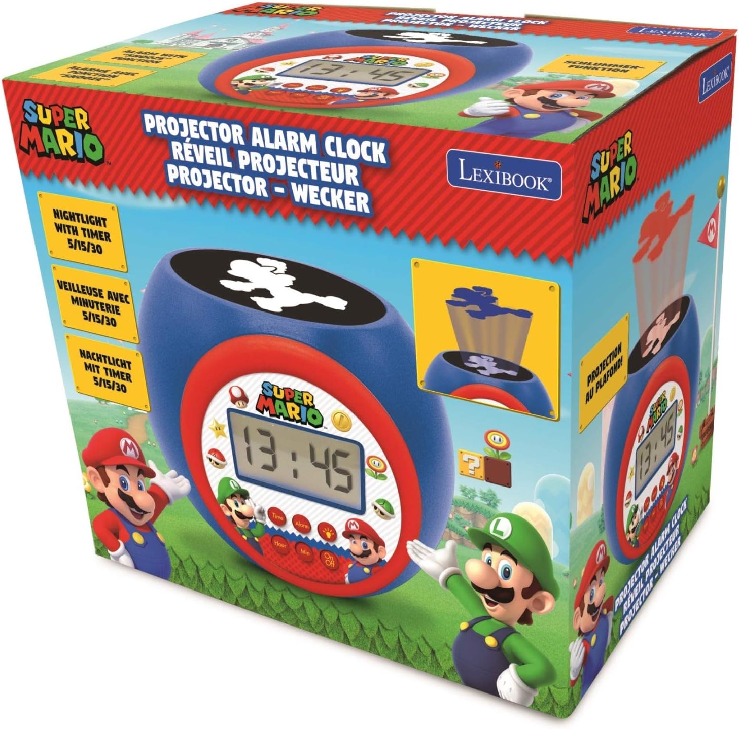 Lexibook Nintendo Super Mario Projector Clock with Snooze Alarm Function,Night Light with Timer, LCD Screen, Battery Operated, Blue