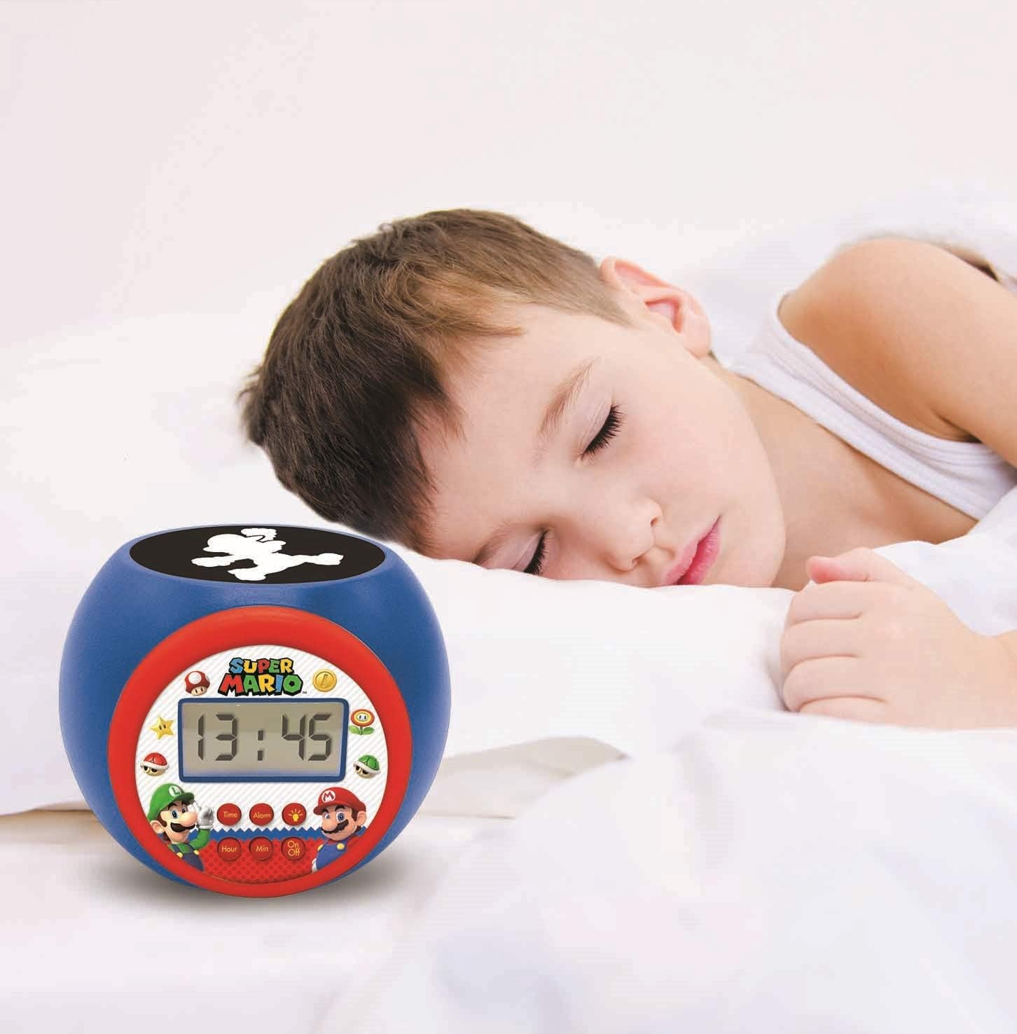 Lexibook Nintendo Super Mario Projector Clock with Snooze Alarm Function,Night Light with Timer, LCD Screen, Battery Operated, Blue
