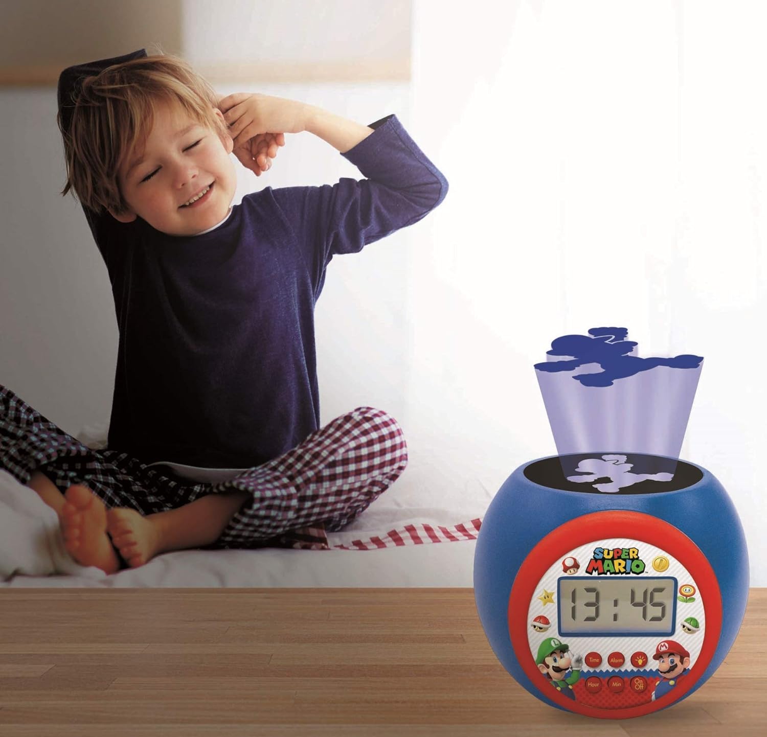 Lexibook Nintendo Super Mario Projector Clock with Snooze Alarm Function,Night Light with Timer, LCD Screen, Battery Operated, Blue