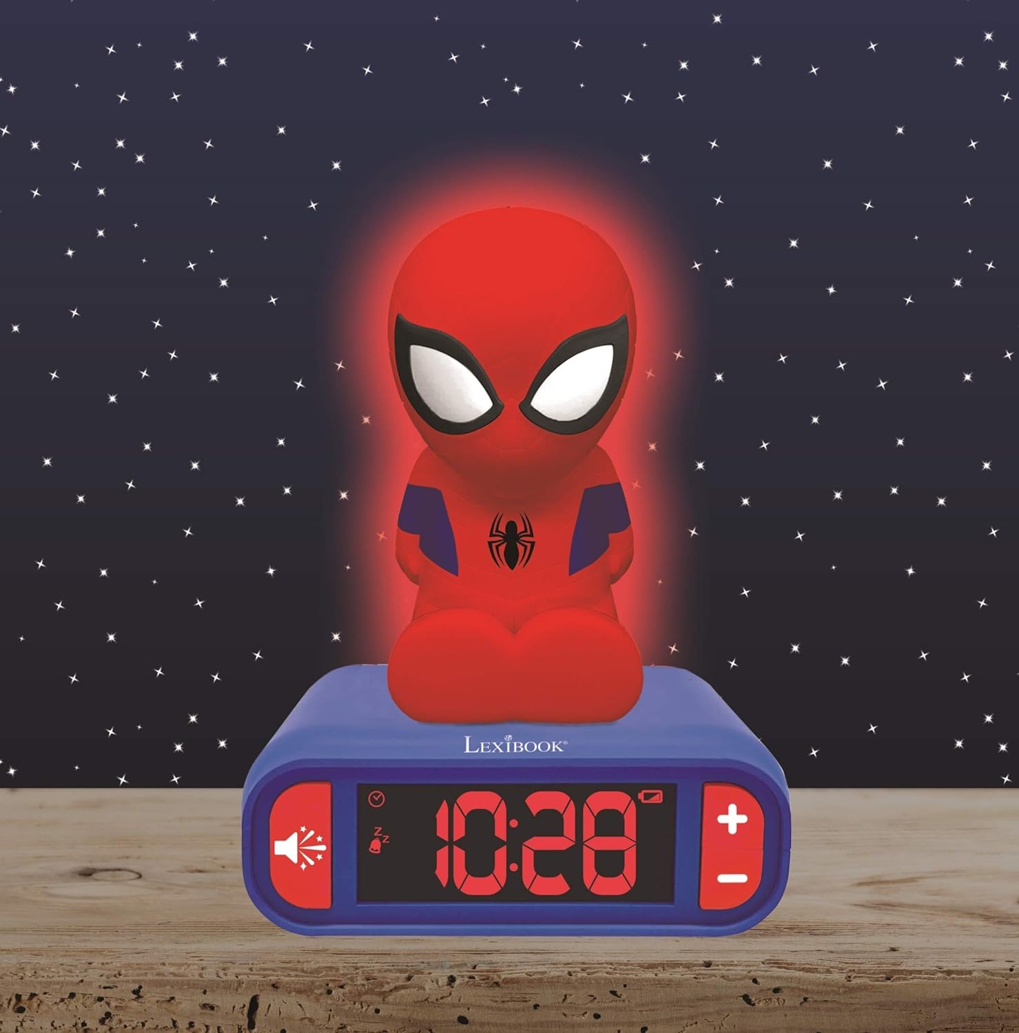 LEXIBOOK Digital Alarm Night Light Snooze and Marvel Spider Man Superheroes Sound Effects-Boys Clock-Luminous Spiderman, Blue Colour