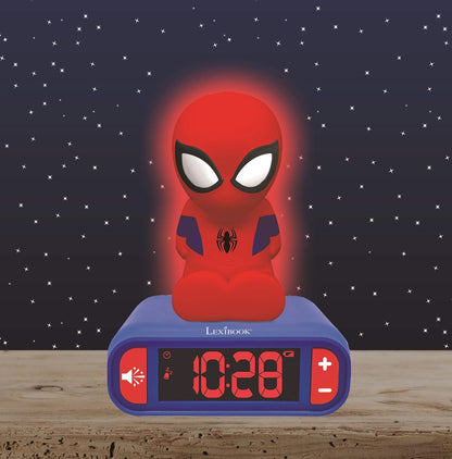 LEXIBOOK Digital Alarm Night Light Snooze and Marvel Spider Man Superheroes Sound Effects-Boys Clock-Luminous Spiderman, Blue Colour