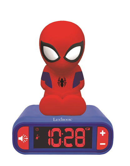 LEXIBOOK Digital Alarm Night Light Snooze and Marvel Spider Man Superheroes Sound Effects-Boys Clock-Luminous Spiderman, Blue Colour