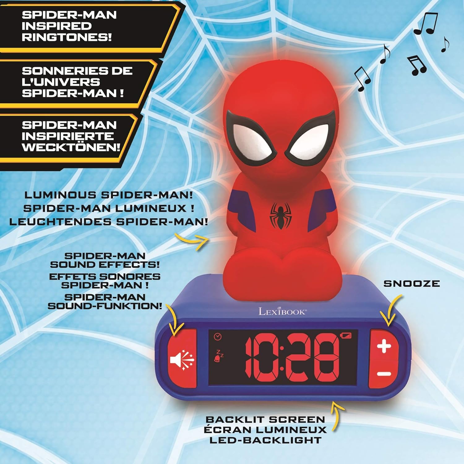 LEXIBOOK Digital Alarm Night Light Snooze and Marvel Spider Man Superheroes Sound Effects-Boys Clock-Luminous Spiderman, Blue Colour
