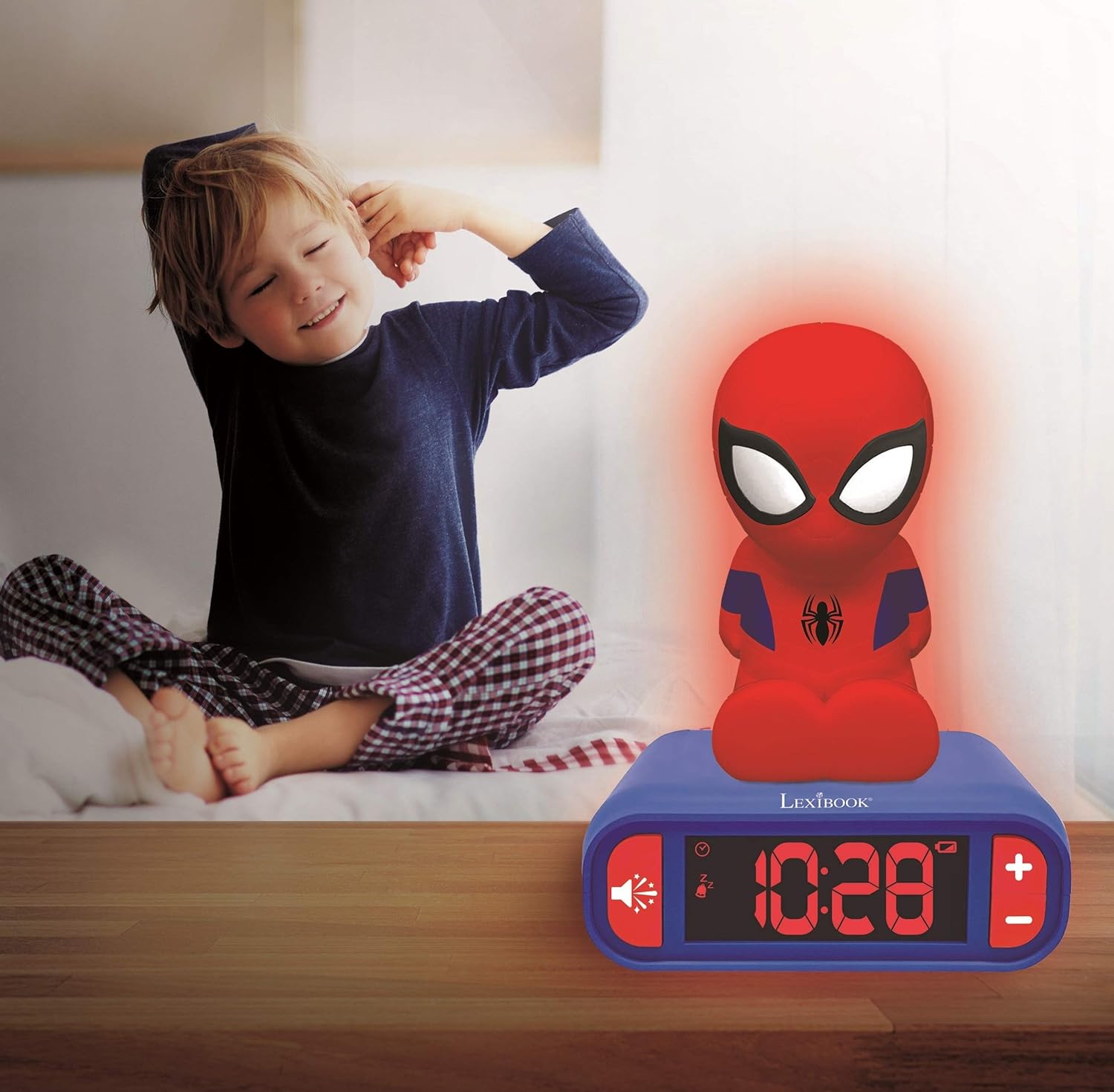 LEXIBOOK Digital Alarm Night Light Snooze and Marvel Spider Man Superheroes Sound Effects-Boys Clock-Luminous Spiderman, Blue Colour