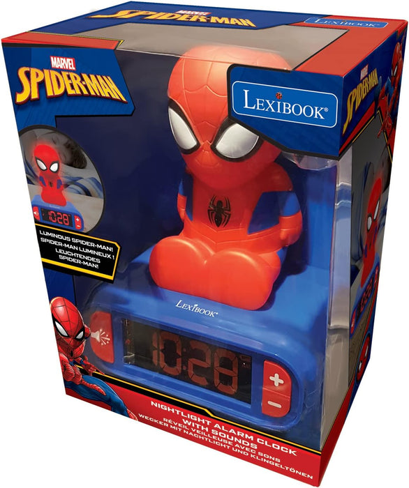 LEXIBOOK Digital Alarm Night Light Snooze and Marvel Spider Man Superheroes Sound Effects-Boys Clock-Luminous Spiderman, Blue Colour