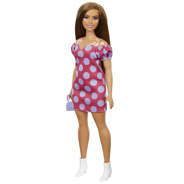 Barbie Fashionista Muñeca Curvy Vitiligo con Vestido de Lunares y Accesorios de Moda de Juguete (Mattel GRB62
