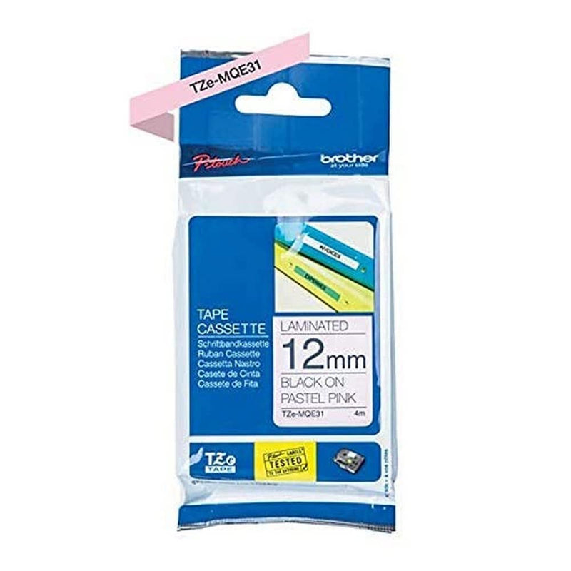 Brother Original laminiertes Schriftband TZe-MQE31 12 mm, schwarz auf pastell-rosa (u.a.für Brother P-touch H200, H100LB/R, H105, E100/VP, D200/BW/VP, D210/VP, Cube)