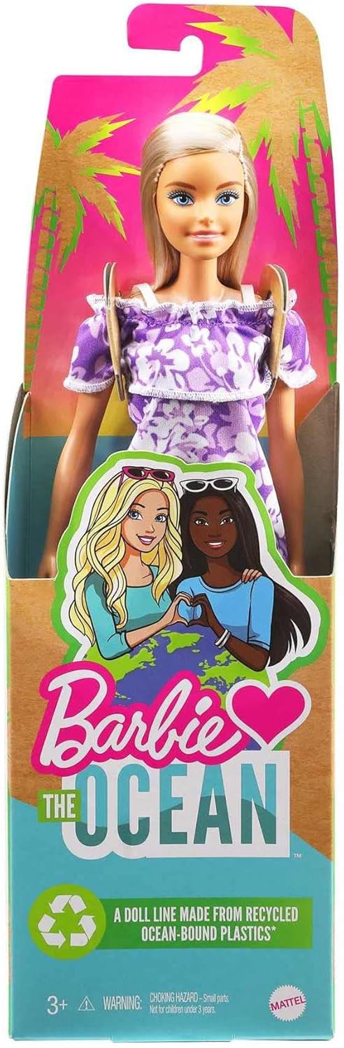 Barbie Loves The Ocean Beach-Themed Doll (11.5-inch Blonde), Made from Recycled Plastics, Wearing Fashion & Accessories, Gift for 3 to 7 Year Olds