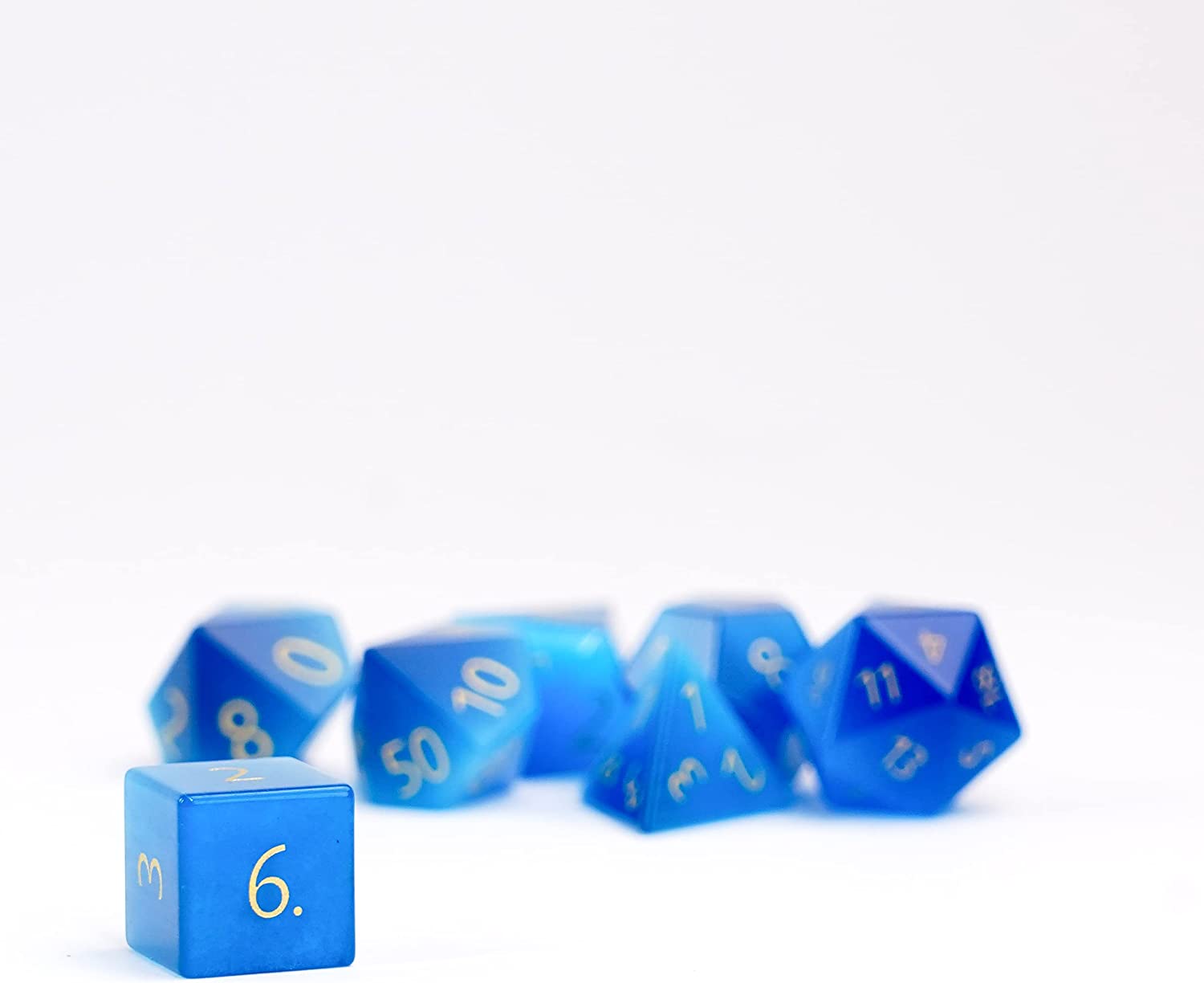 Metallic Dice Games 16mm Gemstone Stone Poly Dice Set: Engraved Cat's Eye Aquamarine