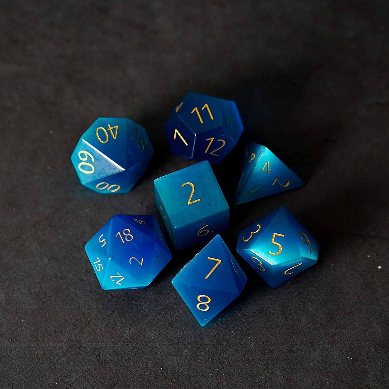 Metallic Dice Games 16mm Gemstone Stone Poly Dice Set: Engraved Cat's Eye Aquamarine