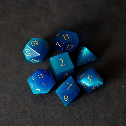 Metallic Dice Games 16mm Gemstone Stone Poly Dice Set: Engraved Cat's Eye Aquamarine