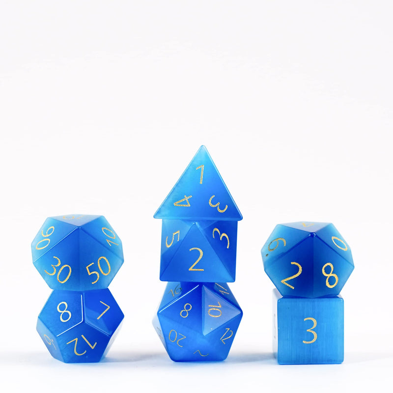 Metallic Dice Games 16mm Gemstone Stone Poly Dice Set: Engraved Cat's Eye Aquamarine