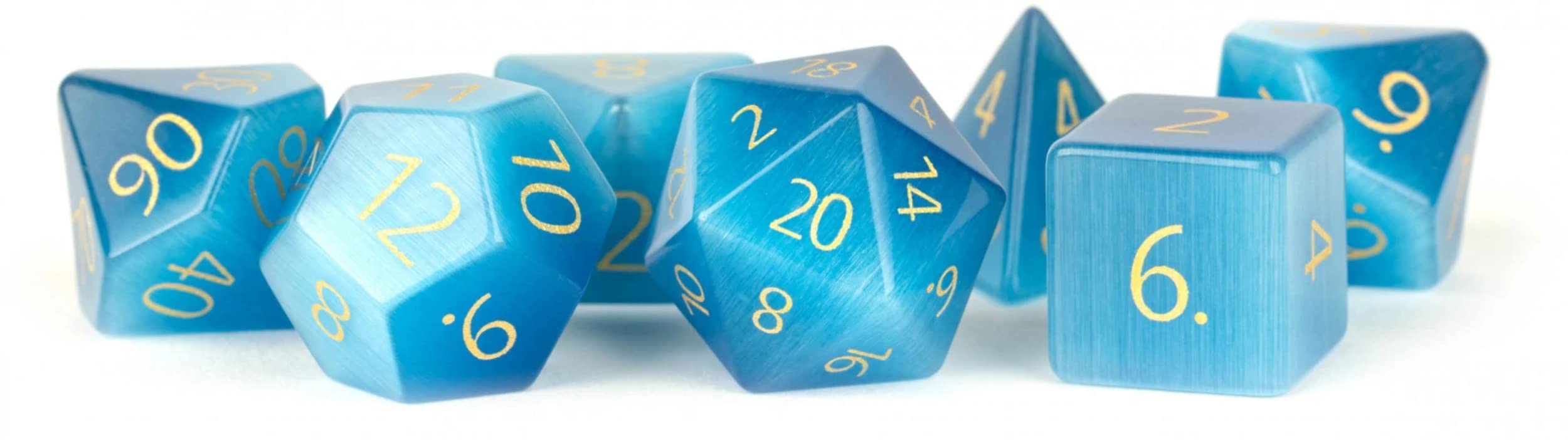 Metallic Dice Games 16mm Gemstone Stone Poly Dice Set: Engraved Cat's Eye Aquamarine