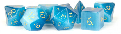 Metallic Dice Games 16mm Gemstone Stone Poly Dice Set: Engraved Cat's Eye Aquamarine