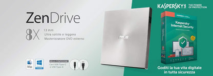 Asus Externer Brenner ZenDrive U9M Ultra Slim Typ C, kompatibel mit Windows und Mac OS, Farbe Silver + Software Internet Security Kaspersky