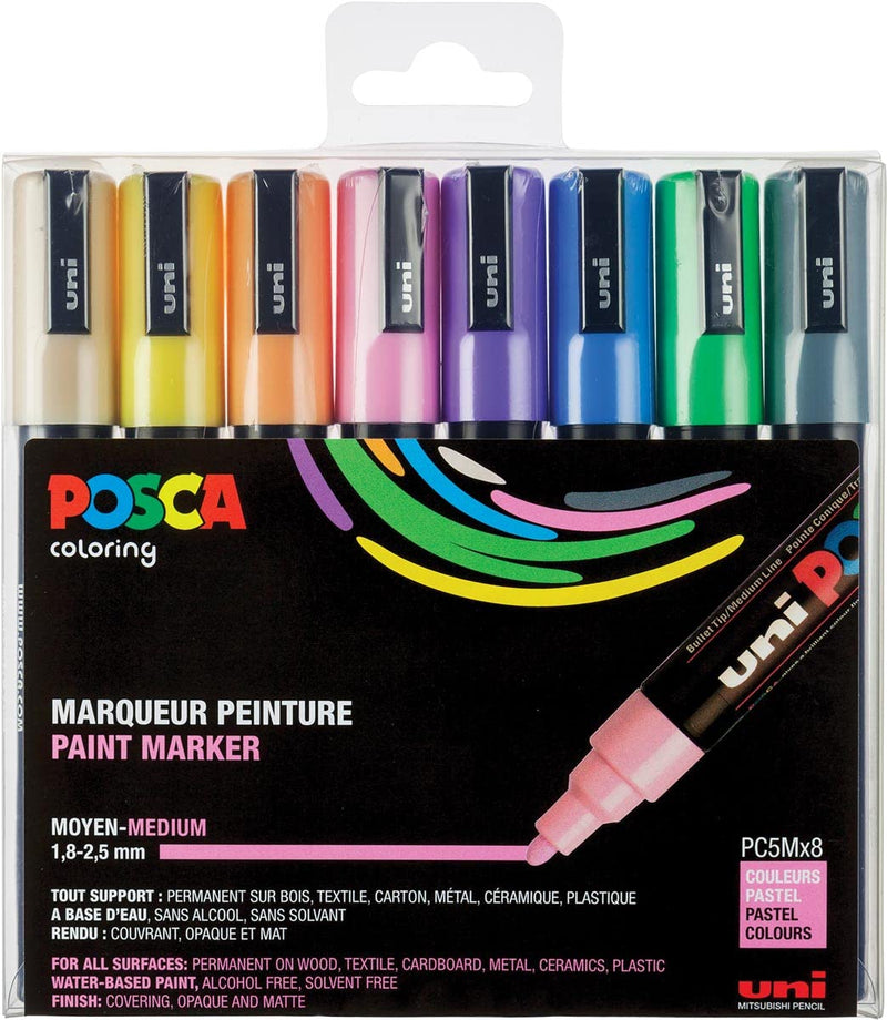 uni-ball Uni Posca marker pens with medium-fine round tips, pack of 8, pastel colours, 182518
