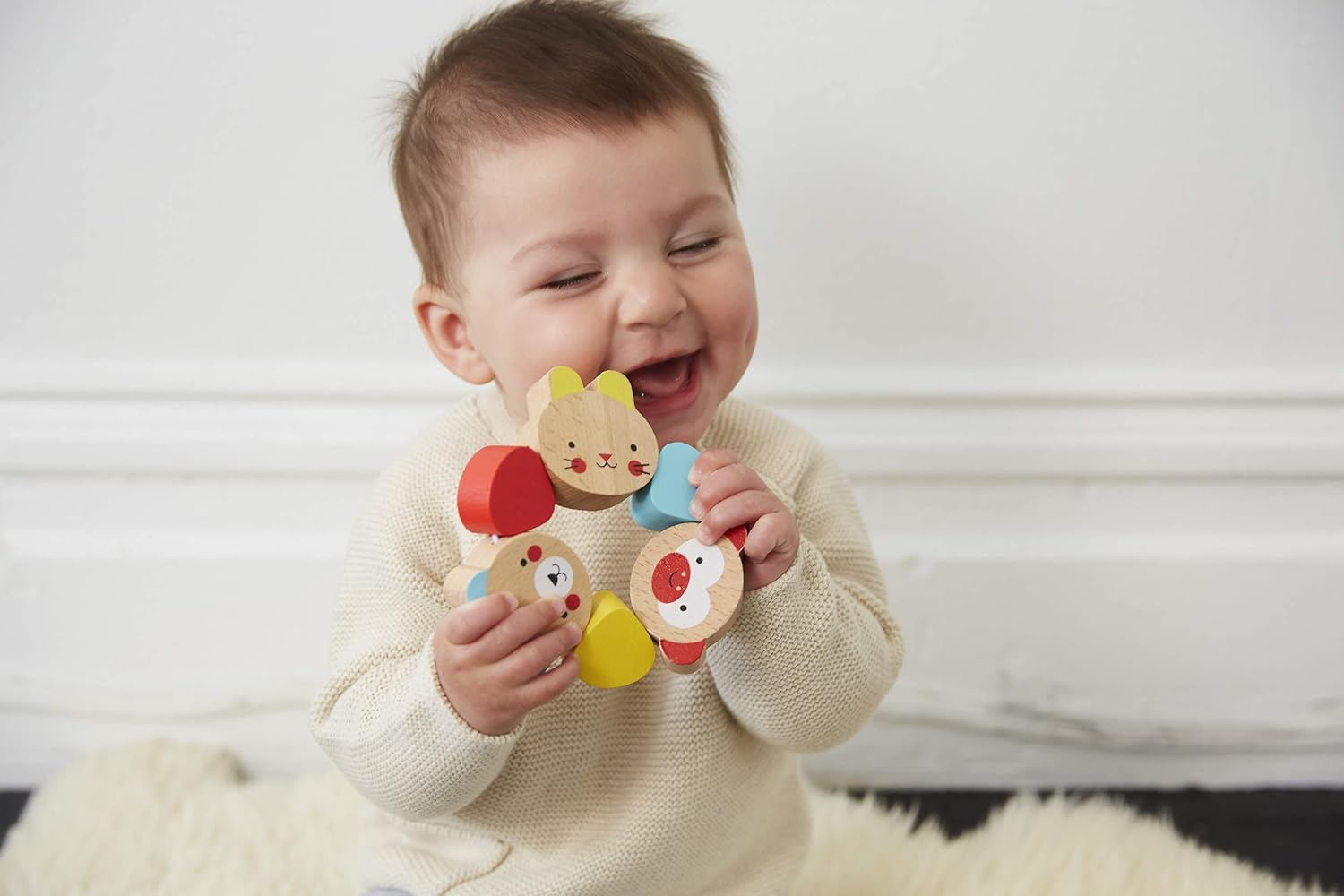 Petit Collage Wooden Grasping Toy – Baby Teething Toy/Rattle, Measures 4.5” x 4.5” – Cute Baby Toy Made with Safe, Non-Toxic Materials – Makes a Great Gift Idea