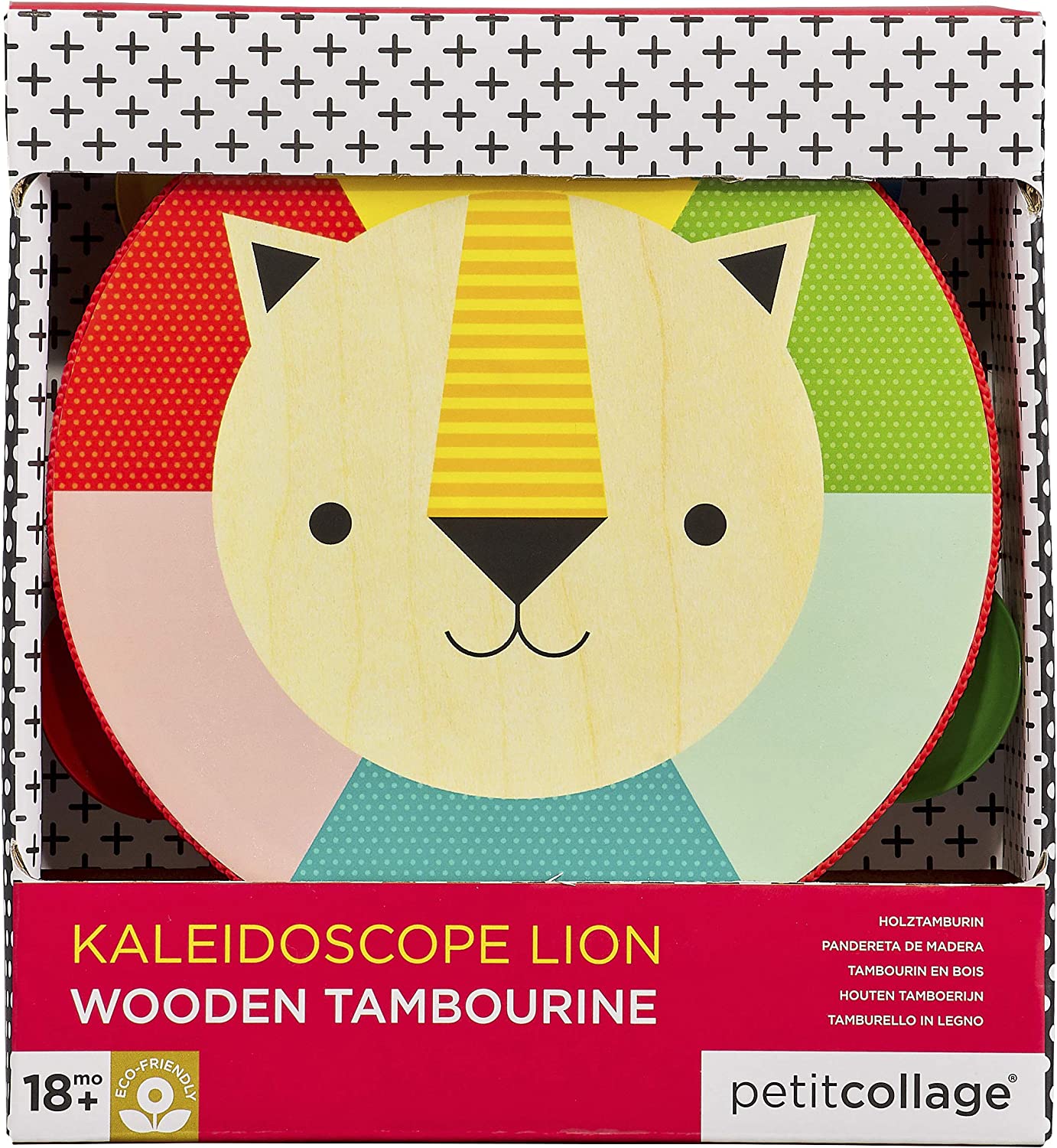PETIT COLLAGE Kaleidoscope Lion Wooden Tambourine Pandereta de Madera, Multicolor (PTC342