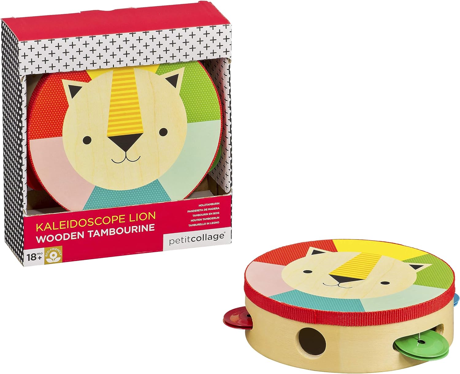 PETIT COLLAGE Kaleidoscope Lion Wooden Tambourine Pandereta de Madera, Multicolor (PTC342