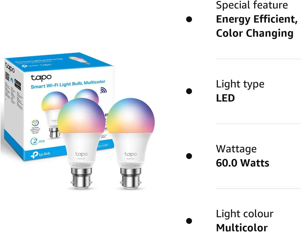 Tapo L530B - Led Light Bulb - B22 - 8.7 W (Equivalent 60 W) - Class F - 16 Million Colours - 2500-6500 K (Pack Of 2)