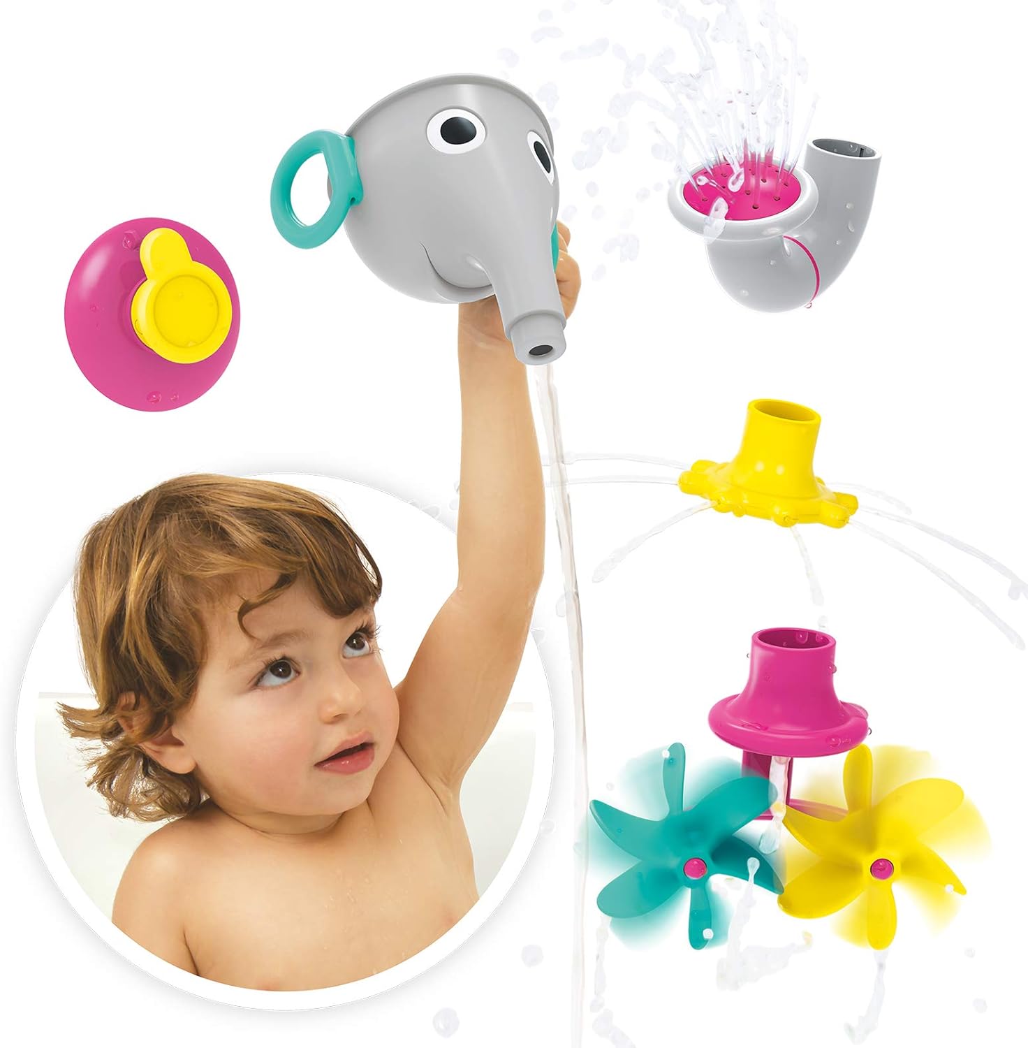 Yookidoo FunEleFun Fill ‘N’ Sprinkle Bath Toy. an Elephant Trunk Funnel Toddlers Play with 3 Interchangeable Trunk Accessories That Spins, Twist and Sprinkle, Promotes Kids STEM-Based Learning (Grey