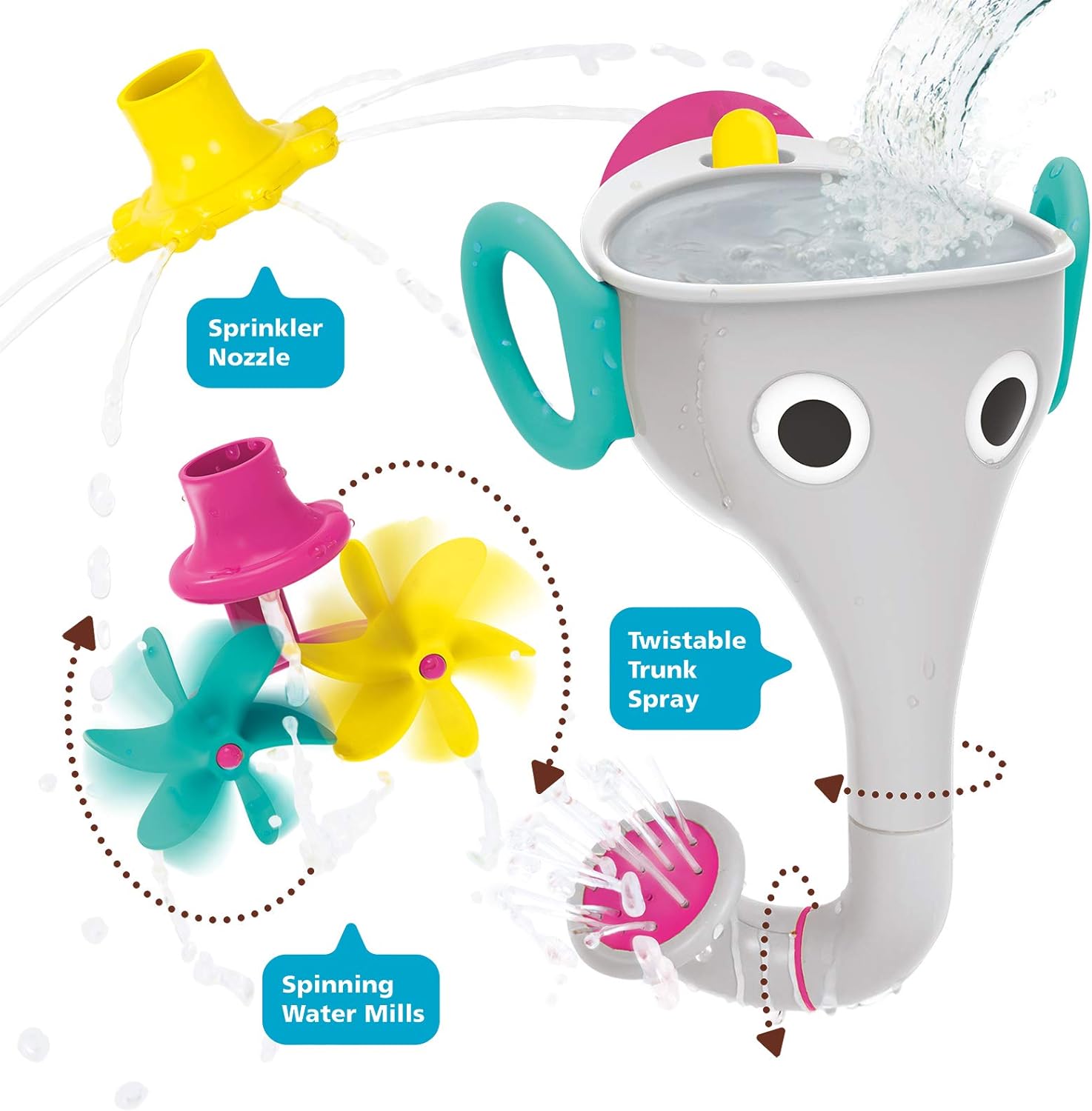 Yookidoo FunEleFun Fill ‘N’ Sprinkle Bath Toy. an Elephant Trunk Funnel Toddlers Play with 3 Interchangeable Trunk Accessories That Spins, Twist and Sprinkle, Promotes Kids STEM-Based Learning (Grey