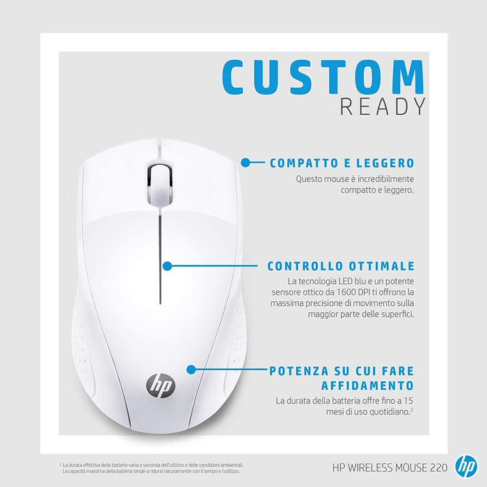 HP 220 Wireless Mouse with Blue LED Technology, 1300 Optical Sensor, Contoured Profile