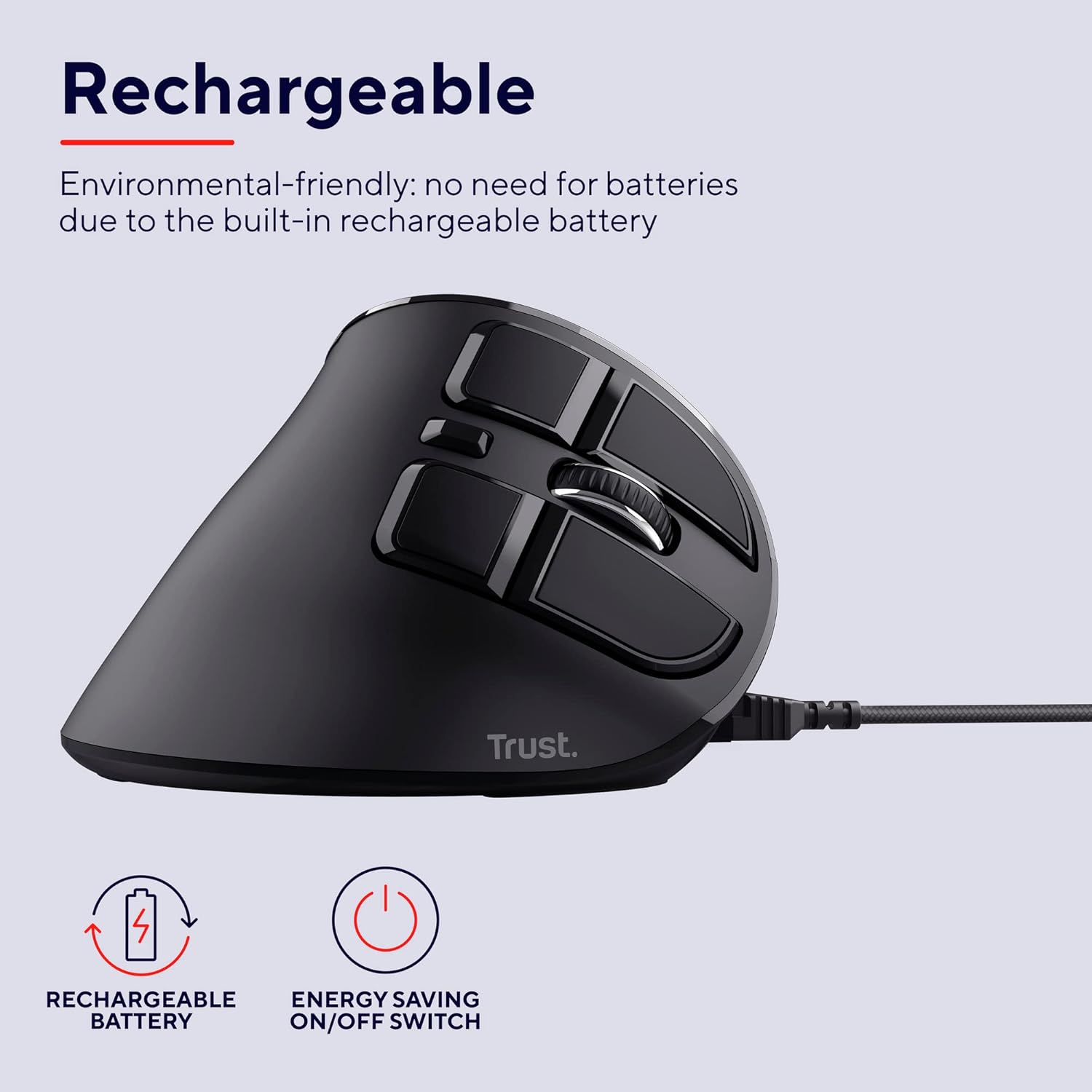 Trust Mouse Wireless Ergonomico Ricaricabile, Nero, One Size Verticale wireless ricaricabile Single
