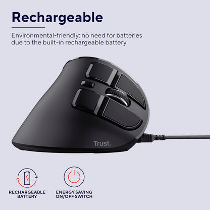 Trust Mouse Wireless Ergonomico Ricaricabile, Nero, One Size Verticale wireless ricaricabile Single