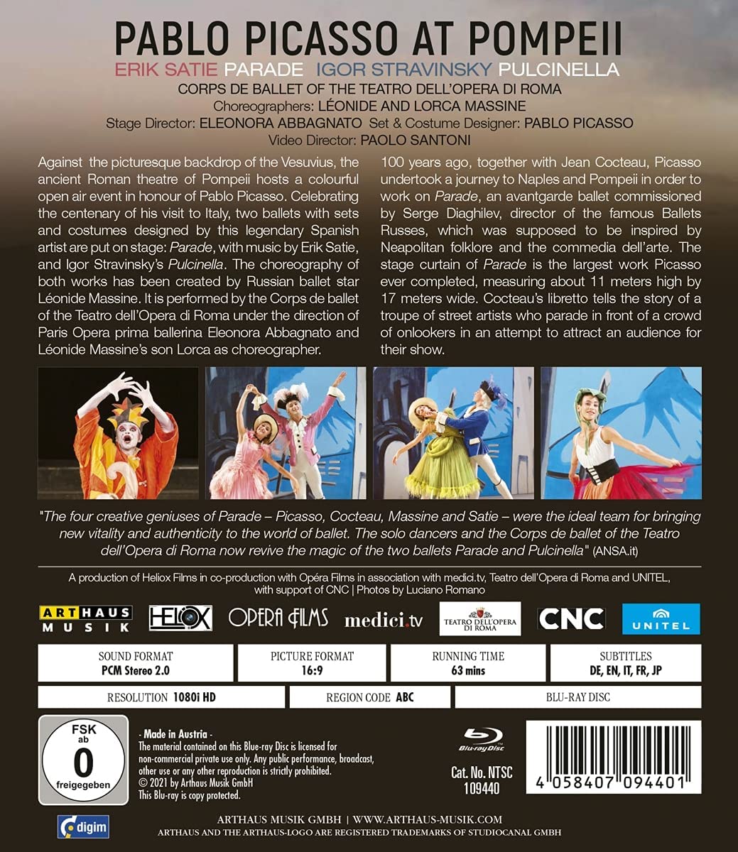 Pablo Picasso at Pompeii - Music by Satie: Parade, Stravinsky: Pulcinella - Corps de Ballet of the Teatro dell’Opera di Roma. Region 0