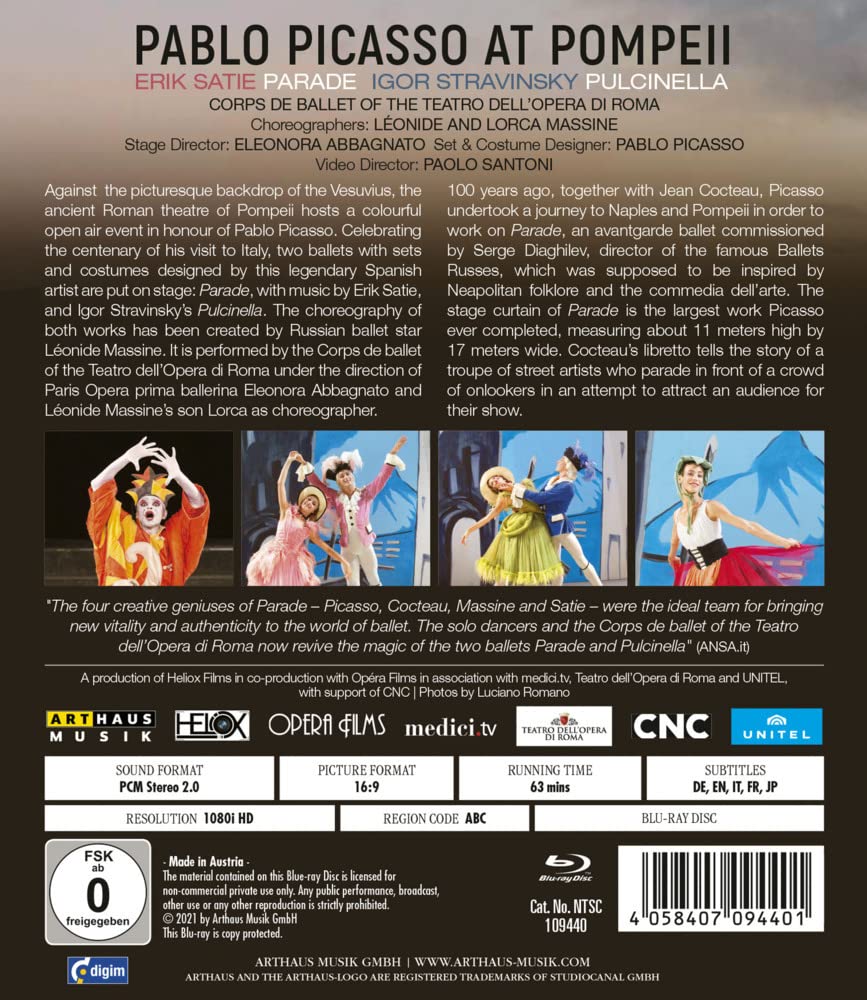 Pablo Picasso at Pompeii - Music by Satie: Parade, Stravinsky: Pulcinella - Corps de Ballet of the Teatro dell’Opera di Roma. Region 0