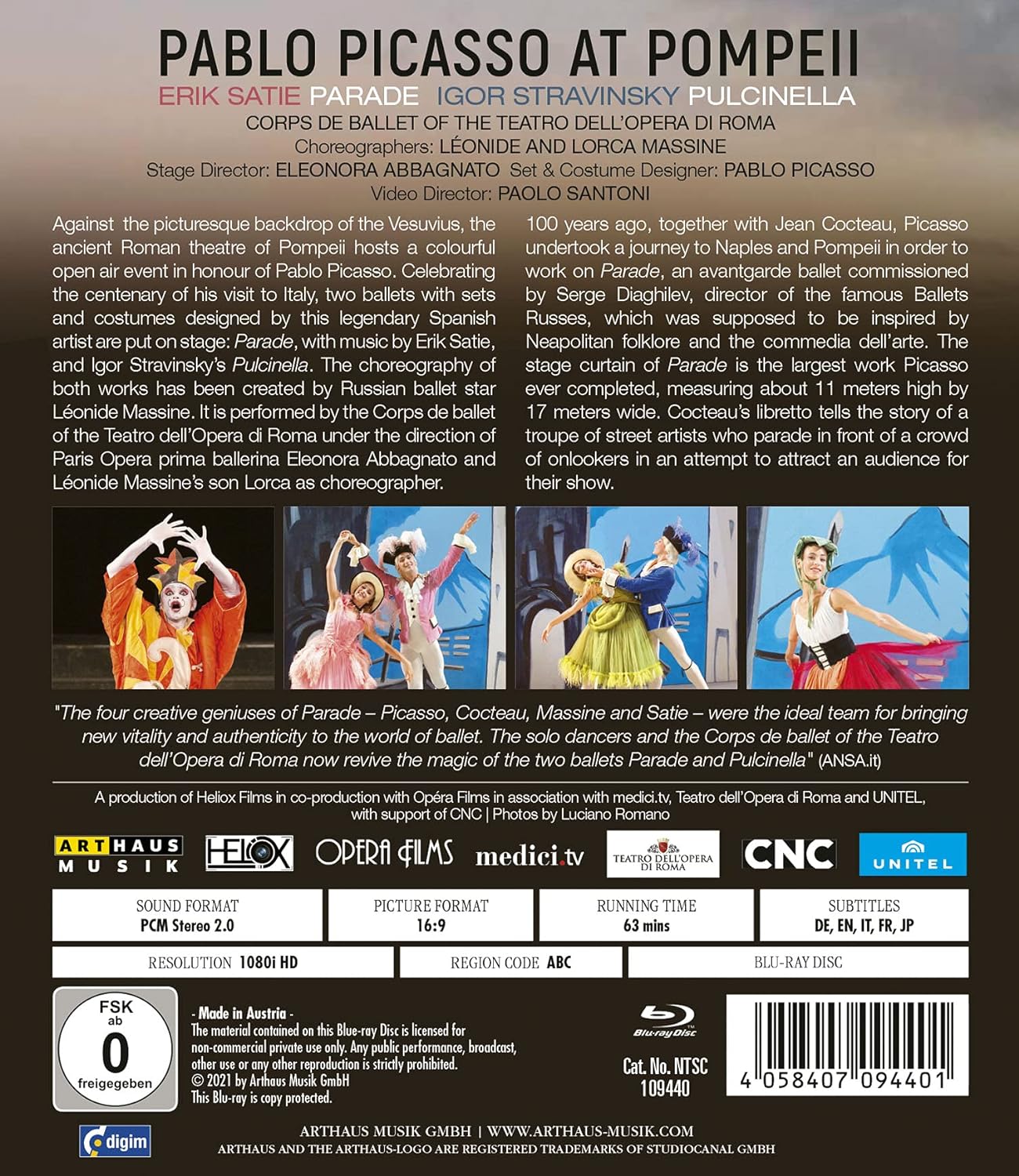 Pablo Picasso at Pompeii - Music by Satie: Parade, Stravinsky: Pulcinella - Corps de Ballet of the Teatro dell’Opera di Roma. Region 0