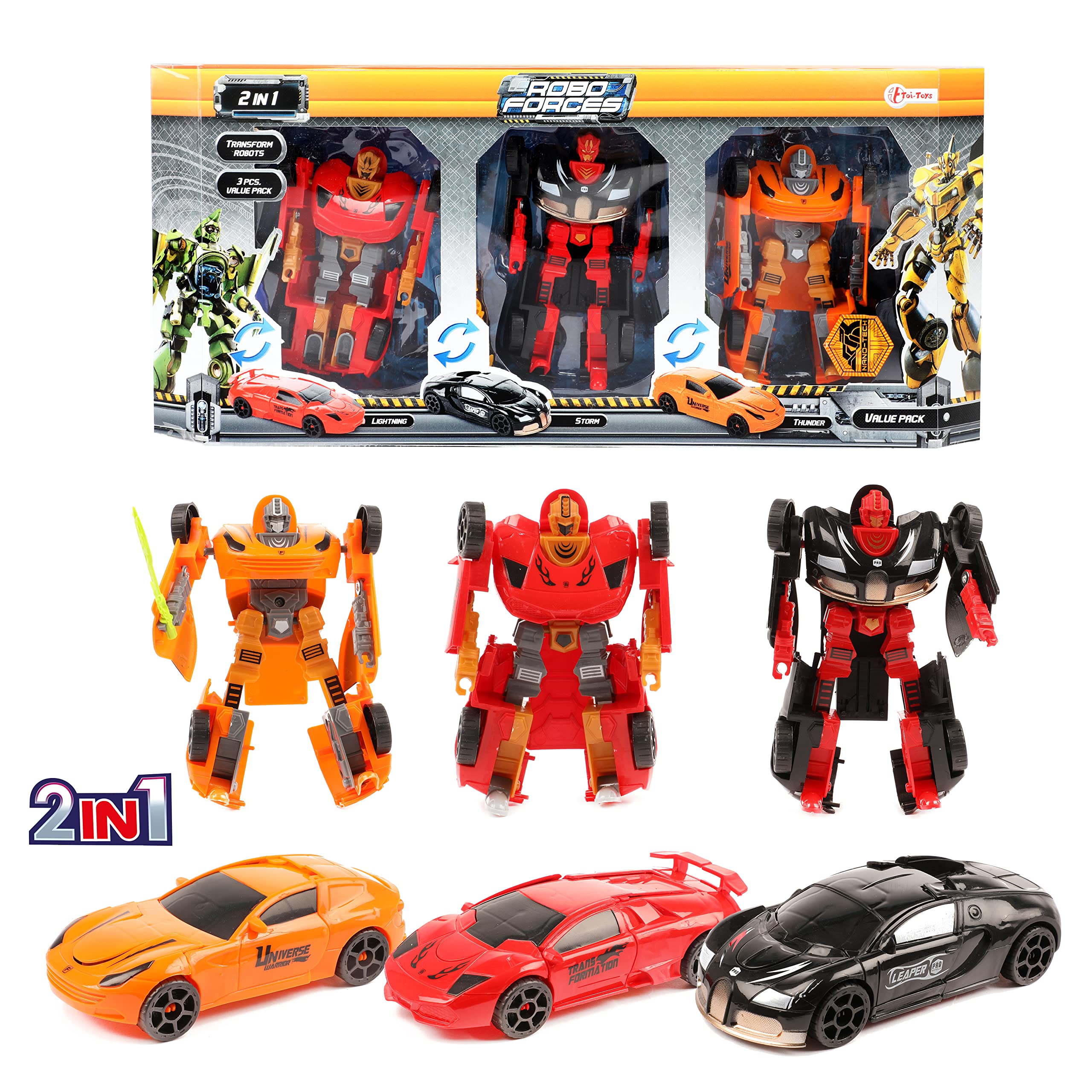 Toi-Toys Roboforces Transformers Robot de Voiture Déformé - Lot de 3 Set Robot Transformable Noir, Rouge et Orange - Figurine d'action Convertible Cadeaux Jouet pour Enfants à partir de 3 Ans - 20 cm