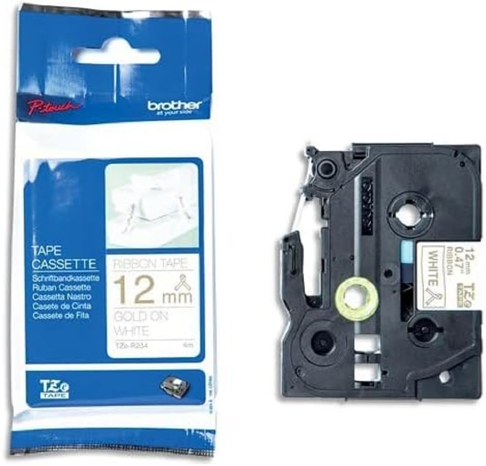 Brother TZe-RN34 Labelling Tape Cassette, Gold on White, 12 mm (W) x 4M (L), Ribbon Tape, Brother Genuine Supplies