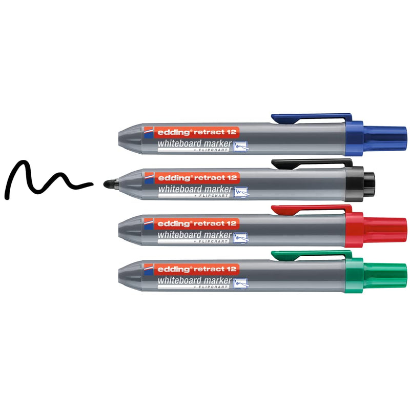 edding 12 Retract whiteboard marker - black, red, blue, green - set of 4 - round nib 1.5-3 mm - capless design - for one-handed use on whiteboards, flipcharts, magnetic boards, pinboards, memo boards