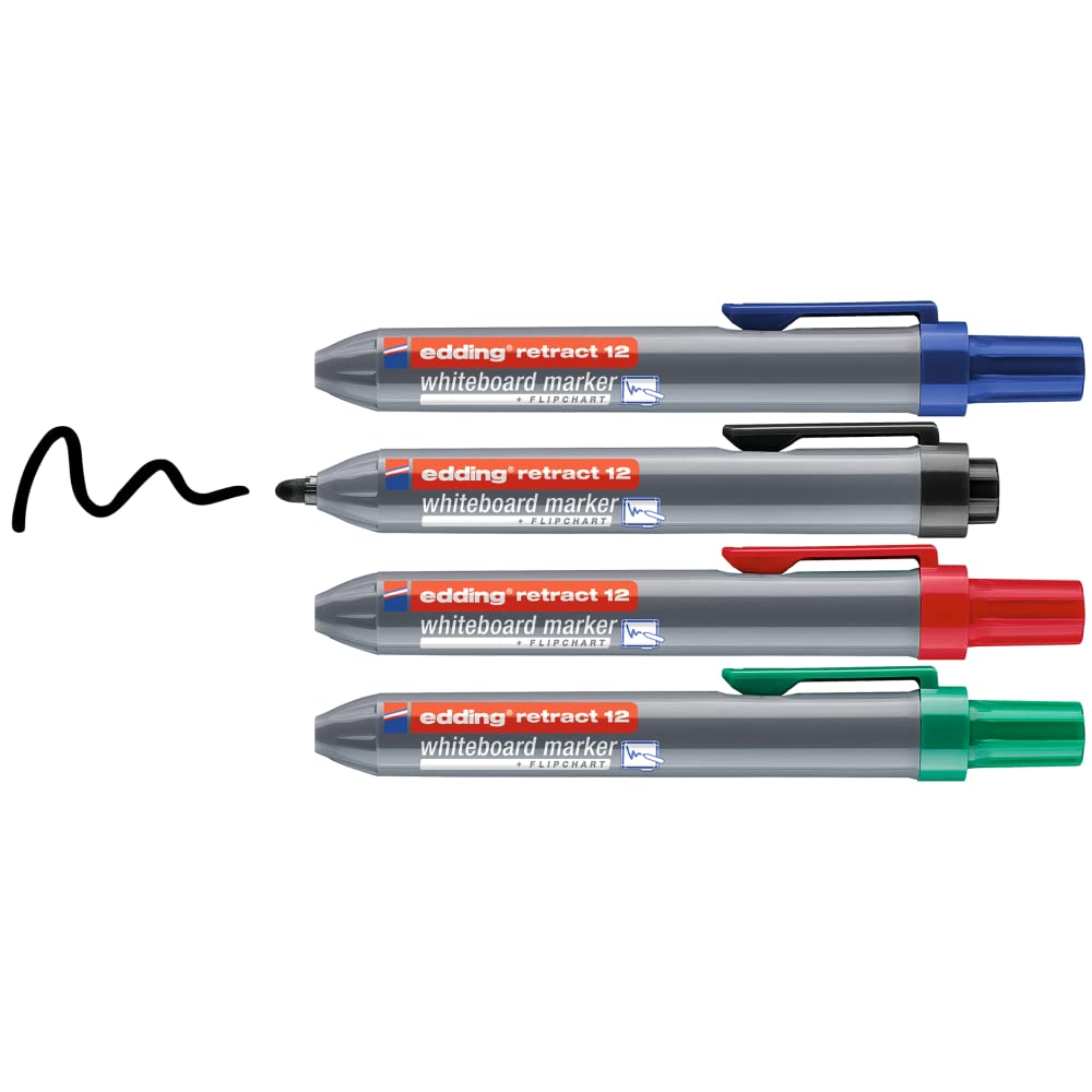 edding 12 Retract whiteboard marker - black, red, blue, green - set of ...