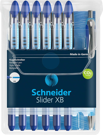 Schneider 151277 Slider Basic XB Pack of 6 and 1 x Slider Rave XB Ballpoint Pen with Case, Blue Ink