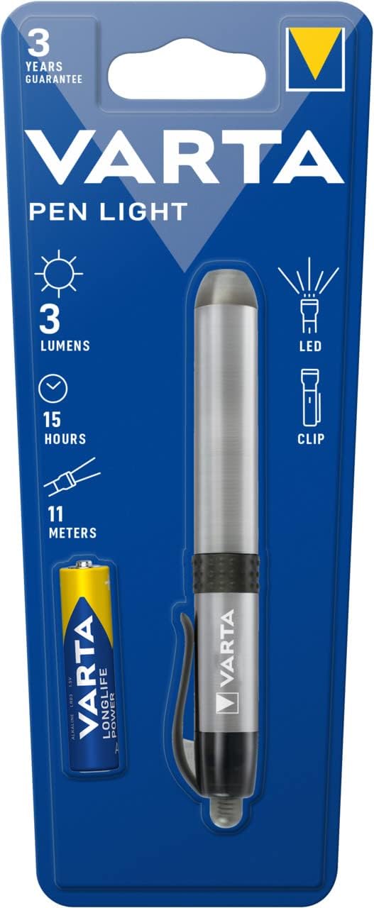 VARTA 16611 Pen Light White 5 mm LED (incl. 1X AAA Longlife Power Battery, Ideal for use in Hospitals, Old People's Homes, Medical Including Practical mounting Option), 1 Count (Pack of 1