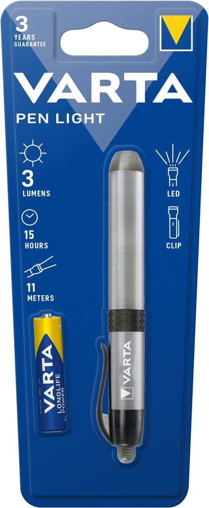 VARTA 16611 Pen Light White 5 mm LED (incl. 1X AAA Longlife Power Battery, Ideal for use in Hospitals, Old People's Homes, Medical Including Practical mounting Option), 1 Count (Pack of 1