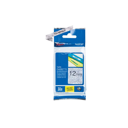 Brother Original P-touch Schriftband TZe-MPSL31 (12 mm breit, u.a. für Brother P-touch H100LB/R, H105, H200, E100/VP, D200/BW/VP, D210/VP, 4 m lang, laminiert) schwarz auf silbernen Spitzen