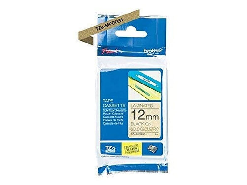 Brother Original P-touch Schriftband TZe-MPGG31 12 mm, schwarz auf gold-geometrisch (u.a. für Brother P-touch H200, H100LB/R, H105, E100/VP, D200/BW/VP, D210/VP)