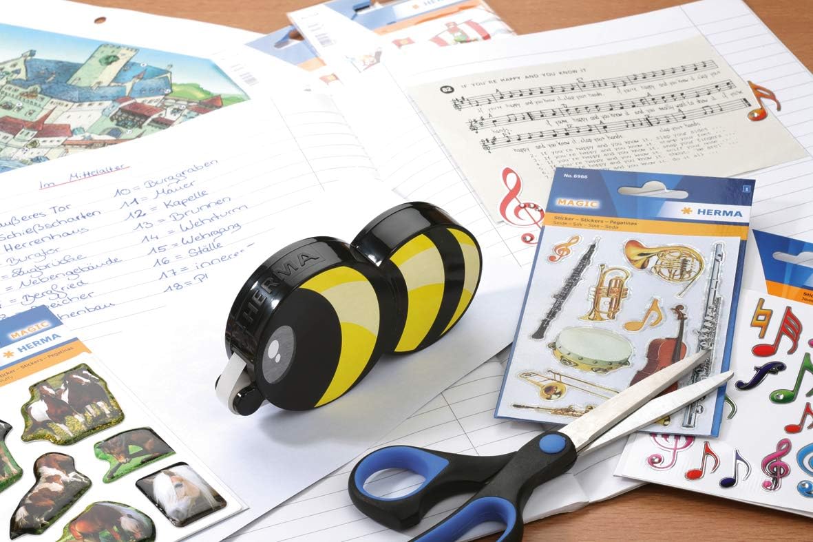 HERMA 1104 Kleberoller doppelseitig nachfüllbar ablösbar, 15 m, selbstklebender Klebeband Roller für Kinder, Fotoalbum, Scrapbook, Fotobuch, Basteln, Schule & Büro, schwarz gelb