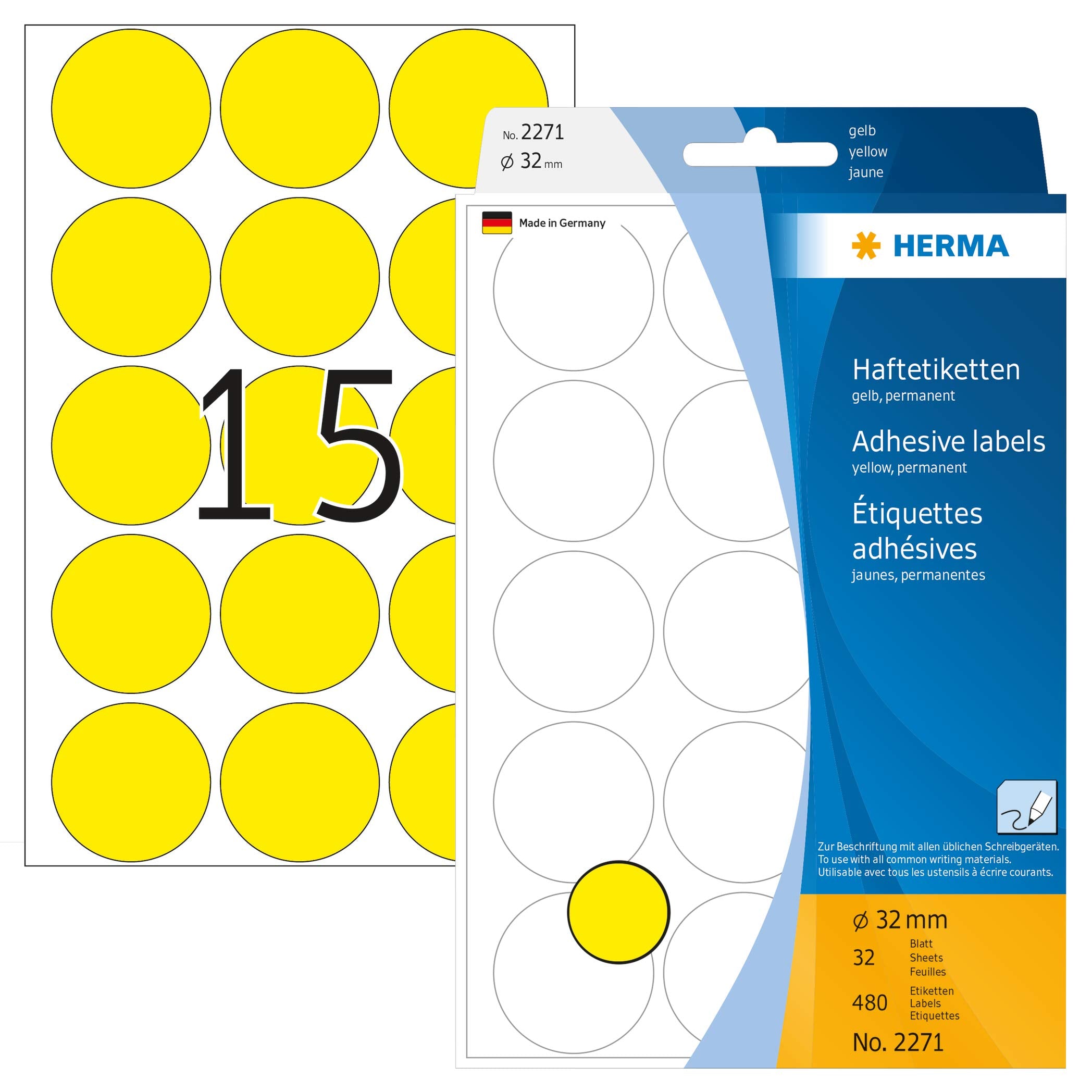 HERMA 2271 Multi-purpose labels/colour dots Ø 32 mm round yellow paper matt hand inscription 480 pcs.