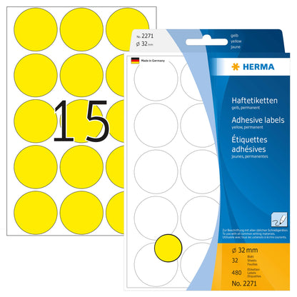 HERMA 2271 Multi-purpose labels/colour dots Ø 32 mm round yellow paper matt hand inscription 480 pcs.