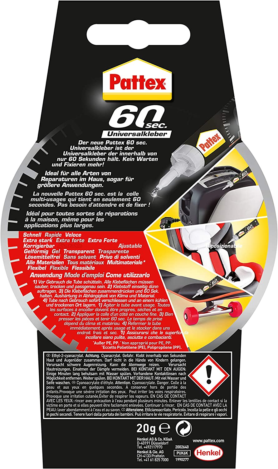 Pattex 1990277"60 Sec" All-Purpose Glue, Black, 20 g, 3 Piece 1 x