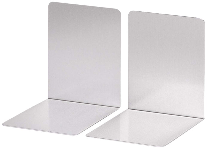 MAUL Buchstütze aus Aluminium (2er Pack) 10x8x10cm | Silber | 3527308 & MAUL Buchstütze aus Acryl (2er Pack) 10x10x13cm | Bücherhalter, Organzier für Kinder, Bücher, Büro, Regal | 3513505 (glasklar