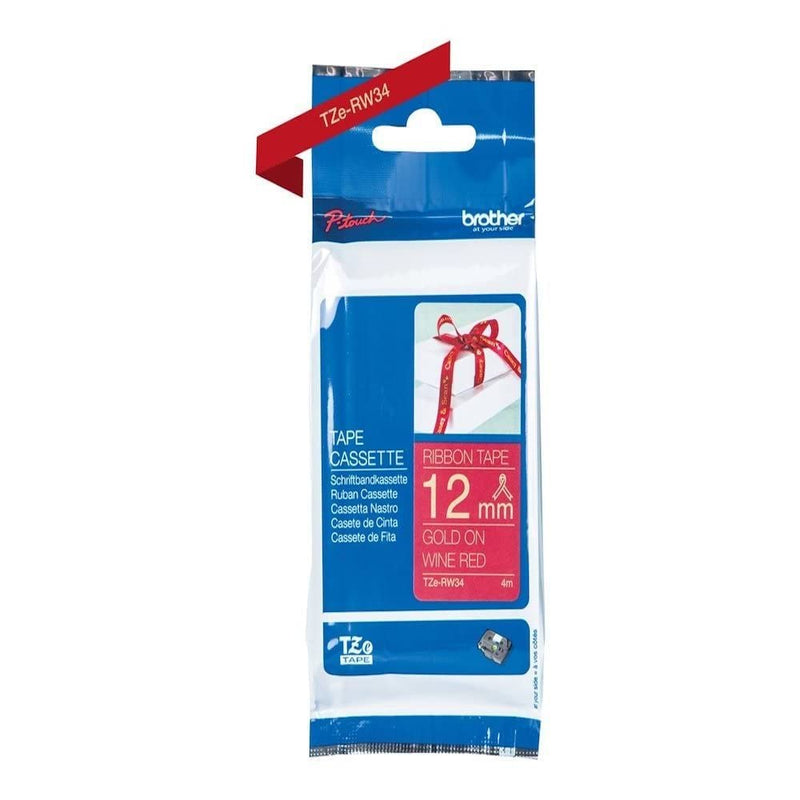 Brother TZe-RW34 Labelling Tape Cassette, Gold on Wine Red, 12mm (W) x 4M (L), Ribbon Tape, Brother Genuine Supplies
