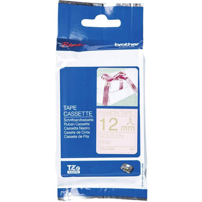 Brother TZe-RE34 Labelling Tape Cassette, Gold on Pink, 12mm (W) x 4M (L), Ribbon Tape, Brother Genuine Supplies